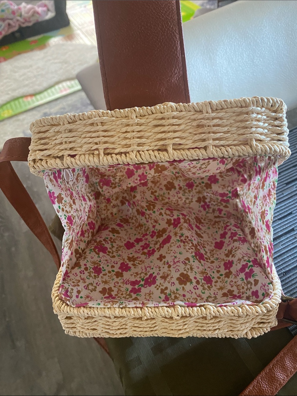 Woven Straw Crossbody Bag with Pink Floral Lining and Brown Strap